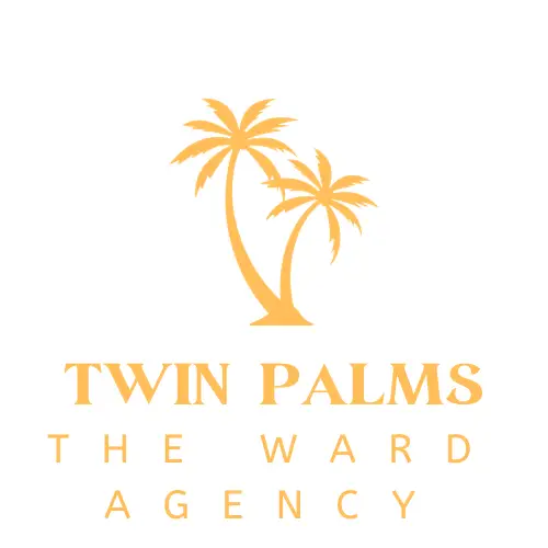 A yellow and white logo of twin palms